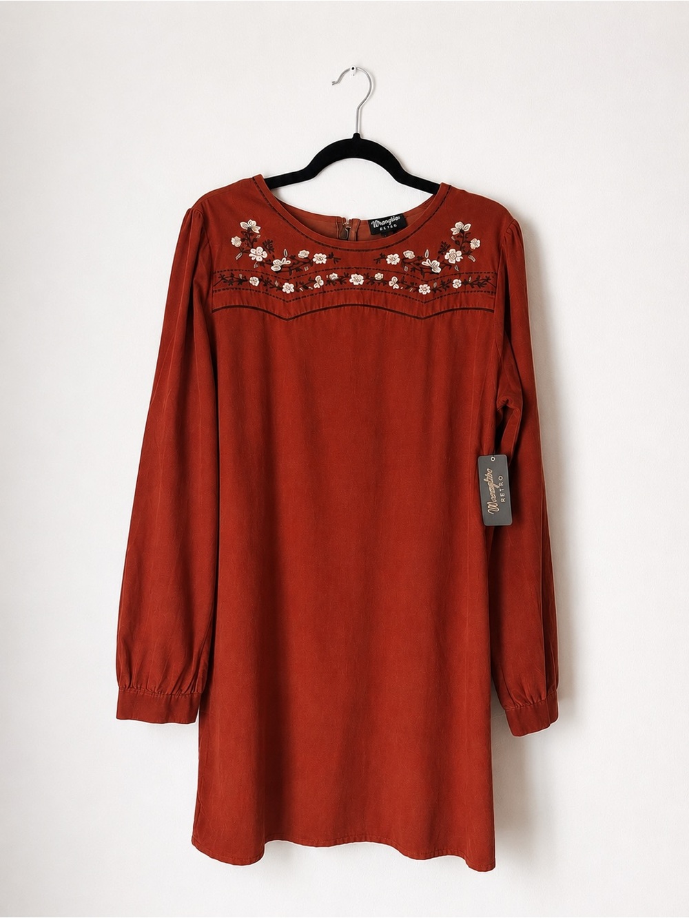 NWT Wrangler Retro Embroidered Corduroy Dress Rust Western Boho Cottagecore